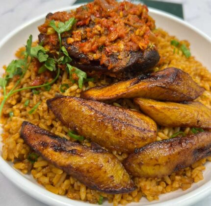 Savor West African Delights: Our Signature Jollof Rice, Chicken & Plantain Combo